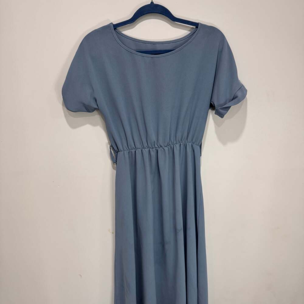 Blue Calf-Length Short-Sleeve Dress with Elastic Waistband